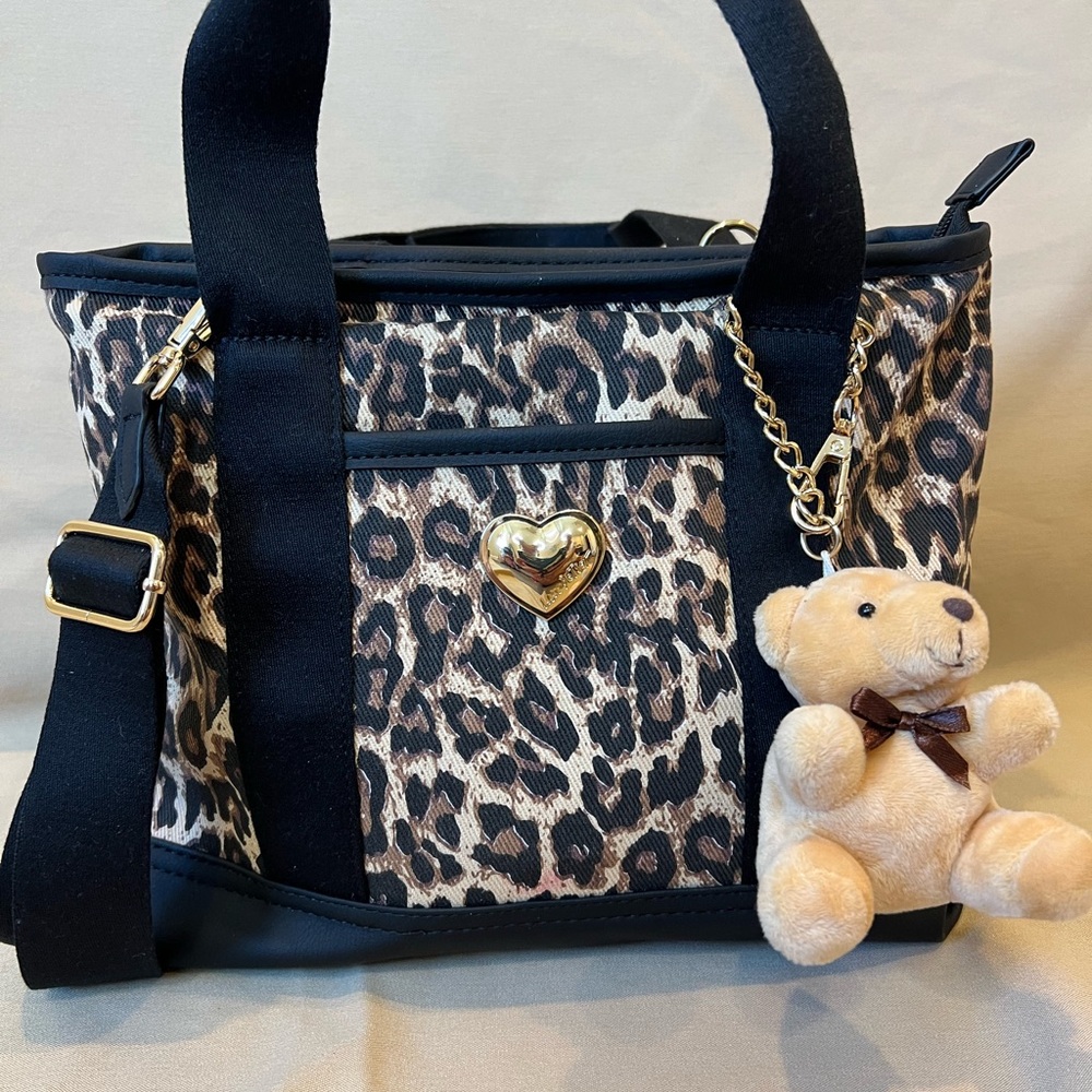 Betsey Johnson Leopard Shoulder Bag with Gold Heart & Bear Charm